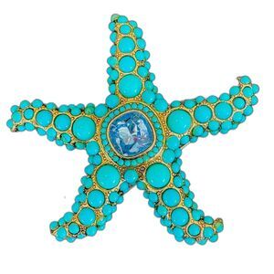 NIB* Kenneth Jay Lane KJL Vintage Gold Turquoise/Blue Topaz Crystal Starfish Pin
